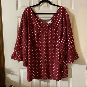 Suzanne Betro Weekend 4X Ruffle Burgundy Gold Polka Dot Blouse NWT Double V Neck
